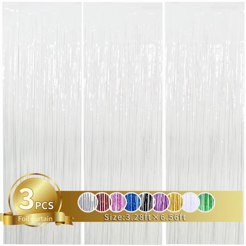 TONIFUL 3Pcs White Metallic Tinsel Foil Fringe Curtains, 3.28ft x 6.56ft White Photo Booth Backdrop Streamer Curtain,Photo Booth Props, Bachelorette Party Supplies, Birthday, Christmas,New Year Decorations - Image 1